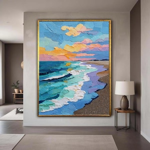 Colorful Abstract Beach Sunset Canvas, Ocean Waves Wall Art, Seascape Painting, Coastal Home Decor, Ready to Hang Gift Art, Home Decor