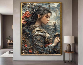 Elegant Female Samurai Warrior Canvas, Japanese Armor Wall Art, Floral Samurai Sword Decoration, Historical Asian Gift Art, Home Decor