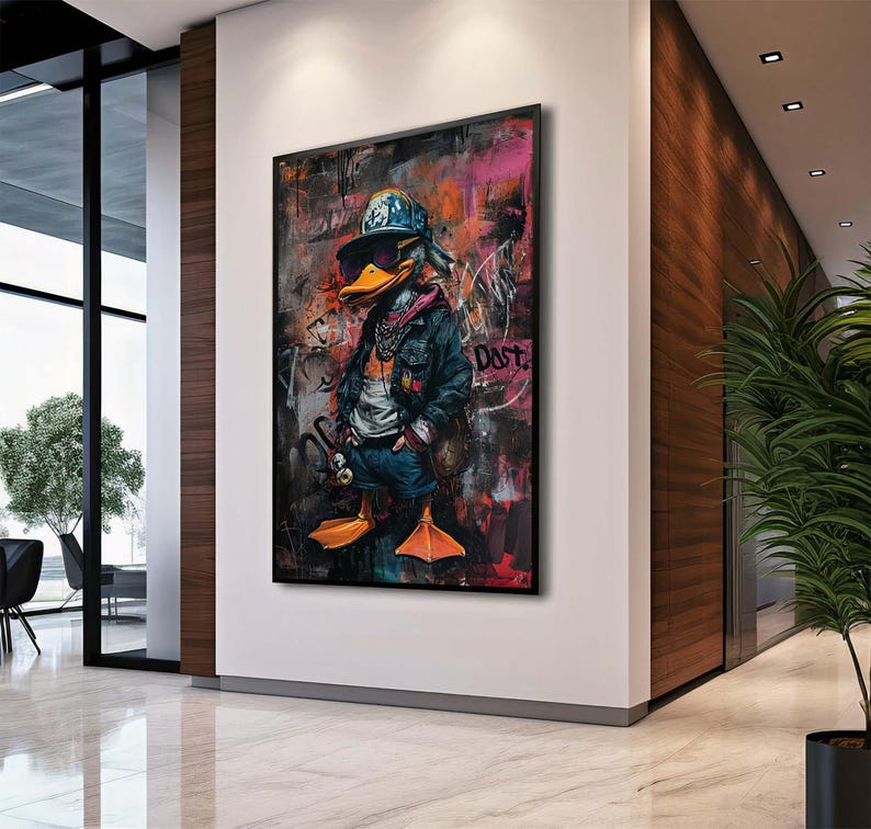 May include: A colorful painting of a duck wearing a blue and white baseball cap, a blue jacket, and jeans. The duck is holding a microphone in its right hand. The background is a graffiti-style design with the word "Dust" written in white.