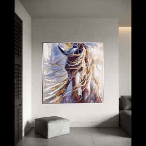 Majestic White Horse Canvas, Abstract Animal Wall Art, Dynamic Mane Painting, Equestrian Home Decor, Modern Rustic Gift Art, Home Decor