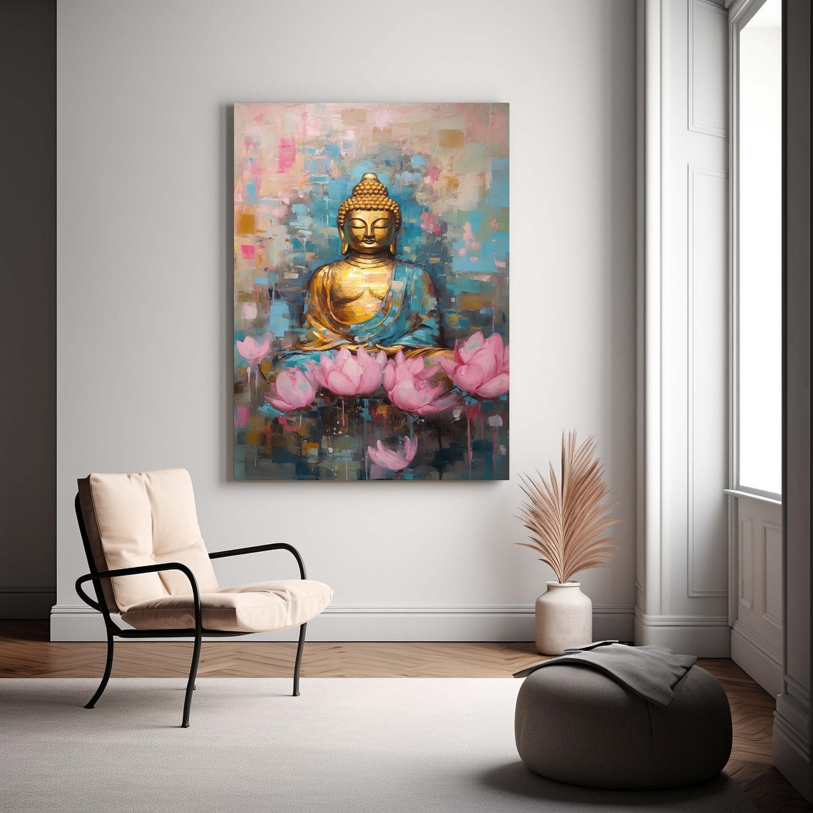 Golden Buddha Canvas Art, Pink Lotus Flower, Spiritual Zen Wall Decor ...