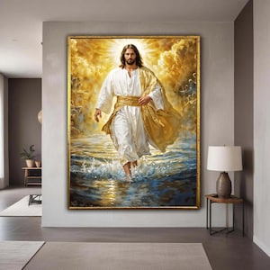 May include: A framed religious painting depicts a figure in white robes and a gold sash walking on water. The background features a bright, golden light emanating from behind the figure, with a golden frame.