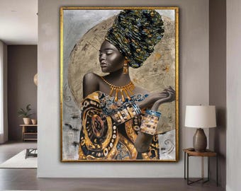 Elegant African Queen Portrait Canvas, Ethnic Woman Wall Art, Tribal Fashion Decor, Vibrant Headwrap Canvas, Gold Gift Art, Home Decor