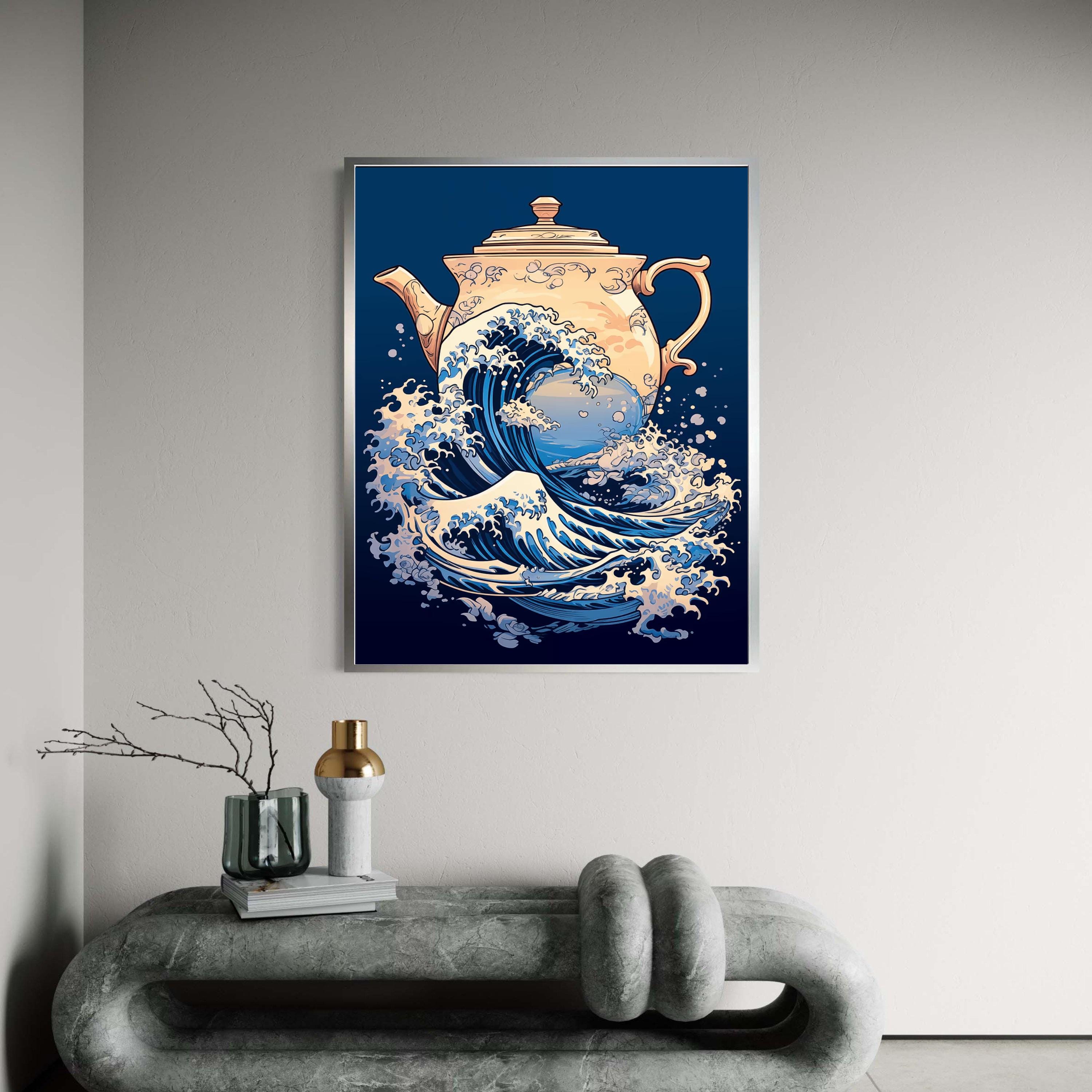 Japanese Wave and Teapot Fusion Canvas, Blue Ocean Wave Art