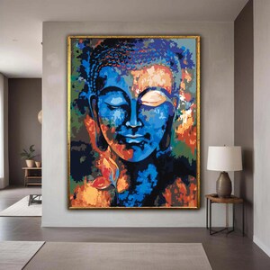 Art mural abstrait bouddha bleu sur toile, peinture méditation spirituelle, décoration zen moderne, art cadeau bouddha coloré vibrant, décoration d&#39;intérieur