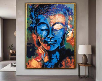抽象的な青い仏像キャンバス壁アート、スピリチュアルな瞑想の絵画