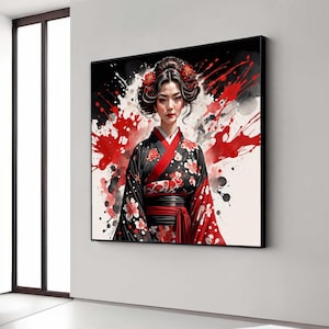 Elegant Geisha Portrait Canvas, Japanese Kimono Wall Art, Floral Asian Woman Painting, Modern Asian Art Print, Red Gift Art, Home Decor