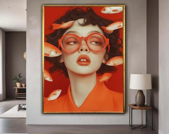 Surreal Portrait with Goldfish, Abstract Red Canvas Wall Art, Modern Face Painting, Contemporary Home Décor, Unique Pop Gift Art, Home Decor