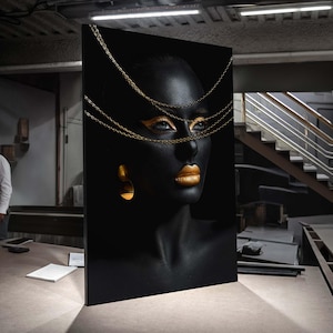 Black and Gold Elegance Canvas, Ethnic Wall Art, Luxury Portrait Art, Glamorous Woman Wall Decor, Chic Black Beauty, Modern Art Print