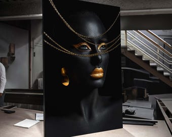 Black and Gold Elegance Canvas, Ethnic Wall Art, Luxury Portrait Art, Glamorous Woman Wall Decor, Chic Black Beauty, Modern Art Print