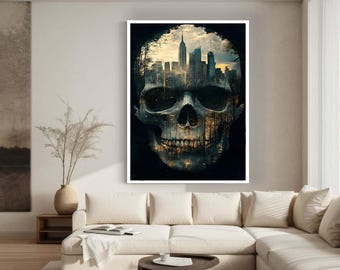 Urban Skull Art, Cityscape Skull Canvas, Surreal Gothic Wall Art