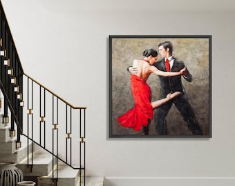 Passionate Tango Dance Couple Canvas, Red Dress Dance Art, Ballroom Dancing Wall Art, Romantic Couple Dance Painting, Gift Art, Home Decor
