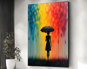 Regenbogen Umbrella Girl Leinwand - Silhouette in der Farbe Regen, Inspirierende Street Art Wanddekoration für Kinderzimmer & Flur