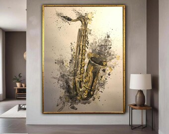 Vintage Saxophone Watercolor Canvas, Jazz Music Instrument Art, Abstract Music Wall Decor, Artistic Canvas Print, Ready Gift Art, Home Decor