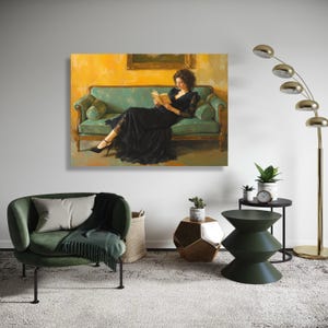 Elegant Woman Reading Canvas Wall Art, Vintage Style Portrait Painting, Black Dress Sofa Scene, Classic Interior Decor, Gift Art, Home Decor