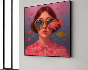 Surreal Underwater Vision, Woman with Fish Goggles Canvas, Dreamy Ocean Art, Whimsical Fish Wall Art, Modern Surrealist Gift Art, Home Decor
