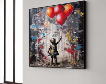 Modern Pop Art Canvas, Girl with Balloons Street Art, Banksy Urban Graffiti Art Poster, Vibrant Wall Decor for Living Room