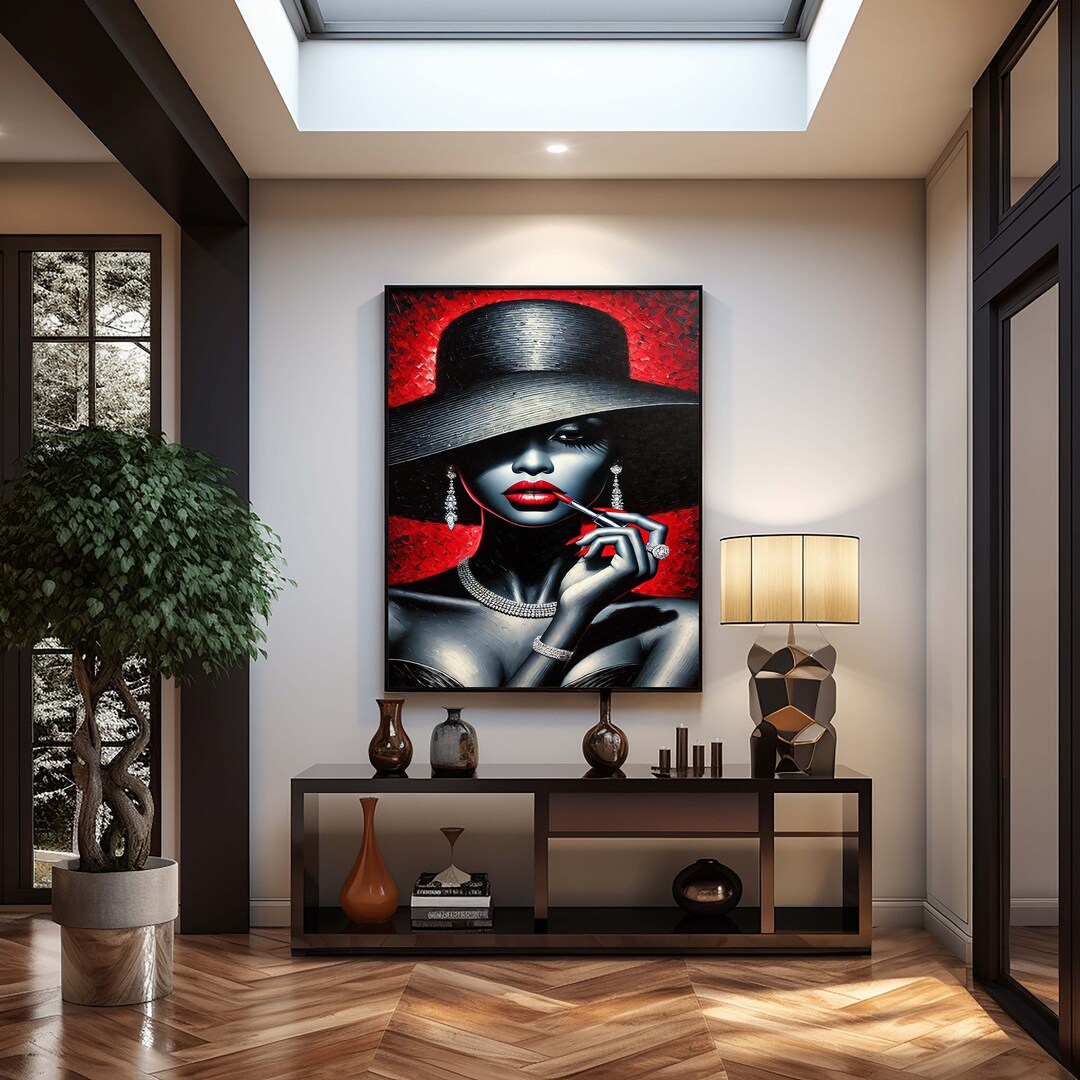 Red Lipstick Lady Canvas – Chic Woman in Hat Pop Art Portrait, Glam ...