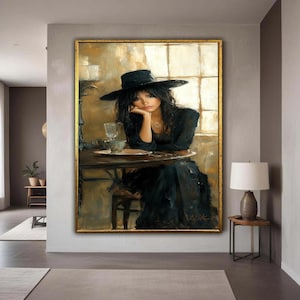 Elegant Woman in Black Hat Canvas, Vintage Portrait Wall Art, Feminine Glamour Painting, Classic Interior Decoration, Gift Art, Home Decor