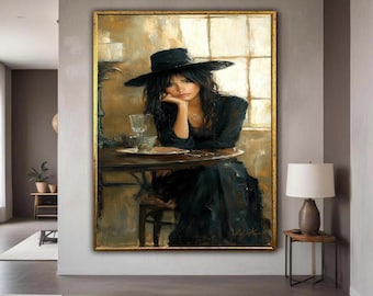 Elegant Woman in Black Hat Canvas, Vintage Portrait Wall Art, Feminine Glamour Painting, Classic Interior Decoration, Gift Art, Home Decor