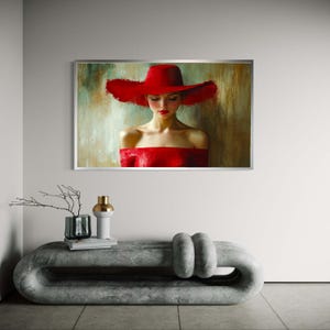 Woman in Red Dress and Hat Canvas Print, Romantic Portrait Art, Oil Painting Style, Elegant Female Wall Decor, Expressive Figurative Artwork