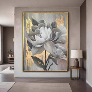 Elegant White and Grey Floral Canvas, Gold Leaf Accent Wall Art, Modern Flower Painting, Luxury Home Decor, Ready to Gift Art, Home Decor