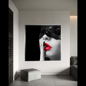Lienzo de labios rojos sensuales, arte mural con máscara de encaje negro, lienzo de retrato glamuroso, primer plano de rostro femenino, regalo moderno para decoración del hogar.