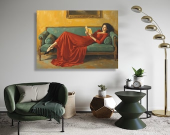 Elegant Woman in Red Dress Reading Canvas, Vintage Style Portrait Art, Classic Home Decor, Relaxing Wall Art, Fine Art Gift Art, Home Decor