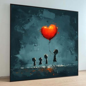 Family Love Red Heart Balloon Art, Minimalist Wall Decor, Emotional Illustration for Home, Ready to Hang Poster