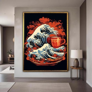 Surreal Coffee Wave Canvas, Japanese Style Ocean Art, Tea Cup Illustration, Modern Wall Decor, Artistic Coffee Lover Gift Art, Home Decor