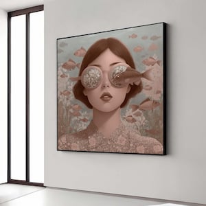 Lienzo surrealista con visión submarina, mujer con gafas de sol de pez, escena oceánica mística, impresión artística contemporánea, regalo único para pared, decoración del hogar