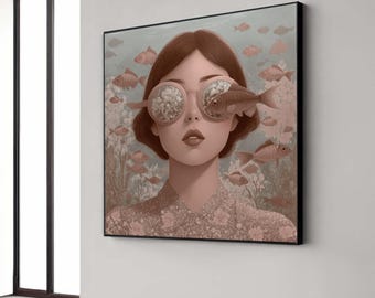 Surreal Underwater Vision Canvas, Woman with Fish Sunglasses, Mystical Ocean Scene, Contemporary Art Print, Unique Wall Gift Art, Home Decor