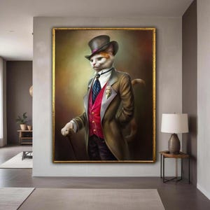 Elegant Cat Gentleman Canvas Wall Art, Vintage Dressed Cat Portrait, Victorian Style Animal Painting, Sophisticated Gift Art, Home Decor