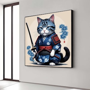 Samurai Cat Canvas Wall Art, Blue Kimono Cat with Sword, Japanese Warrior Cat Illustration, Animal Art Print, Home Gift Art, Home Decor
