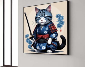 Samurai Cat Canvas Wall Art, Blue Kimono Cat with Sword, Japanese Warrior Cat Illustration, Animal Art Print, Home Gift Art, Home Decor