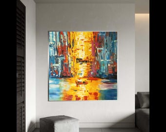 Arte de parede em tela com paisagem urbana abstrata vibrante, pintura urbana moderna, decoração impressionista colorida para casa, arte contemporânea para presentear a cidade, decoração para casa