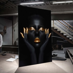Black and Gold Elegance Canvas, Ethnic Wall Art, Luxury Portrait Art, Glamorous Woman Wall Decor, Chic Black Beauty, Modern Art Print