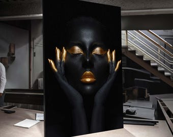 Black and Gold Elegance Canvas, Ethnic Wall Art, Luxury Portrait Art, Glamorous Woman Wall Decor, Chic Black Beauty, Modern Art Print
