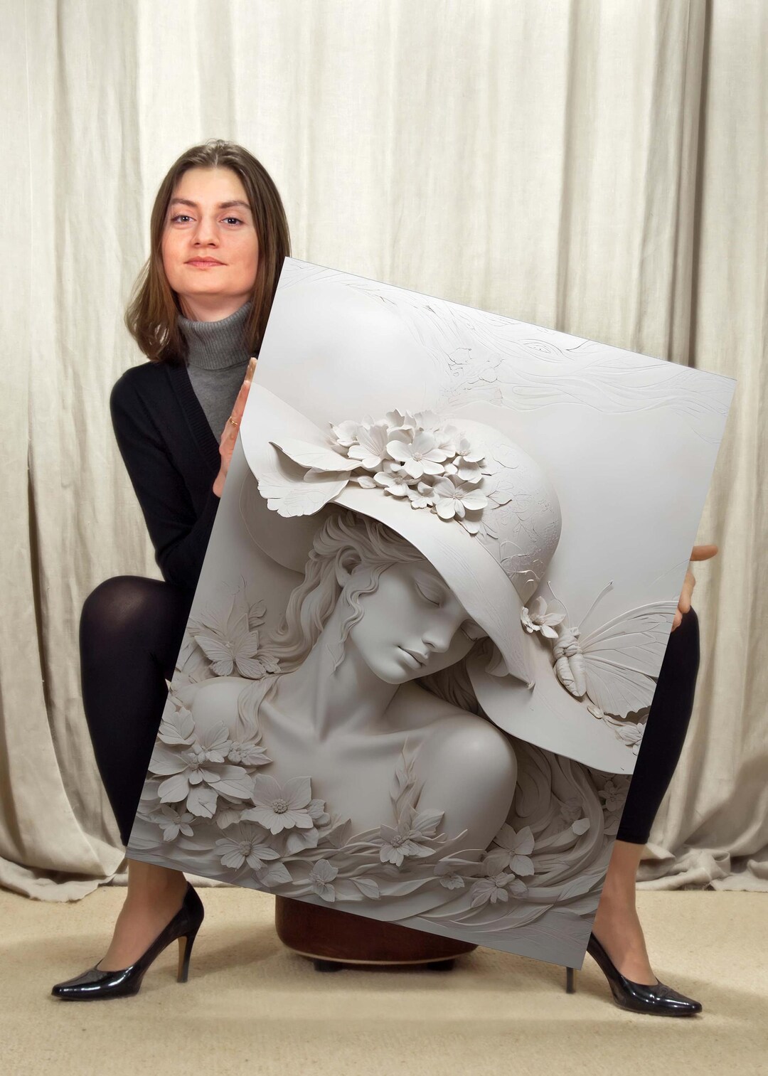 Graceful Lady in Floral Hat Canvas, Elegant Flower Head Woman Wall Art ...