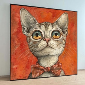 Stampa su tela con gatto stravagante, arte di un gattino carino, decorazione da parete con gatto con papillon, adorabile stampa felina, dipinto di animali vivaci, pronto da appendere