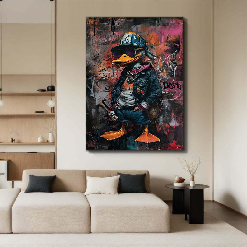 May include: A colorful, abstract painting of a duck wearing a baseball cap, sunglasses, and a denim jacket. The duck is standing on a graffiti-covered wall with the word "Dust" written on it.