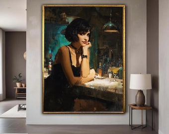 Puede incluir: Pintura al óleo enmarcada en oro que representa a una mujer con un vestido negro en un bar. Apoya la barbilla en la mano, con un cóctel delante. La pintura tiene una atmósfera oscura y melancólica.