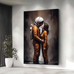 Lienzo de amantes cósmicos, impresión de póster de astronauta, arte romántico de astronauta, arte de pared con temática espacial, arte de lienzo, decoración de pared extra grande