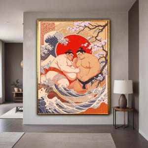 Traditional Sumo Wrestlers Canvas Wall Art, Japanese Culture Illustration, Cherry Blossom and Wave Art, Asian Martial Gift Art, Home Decor
