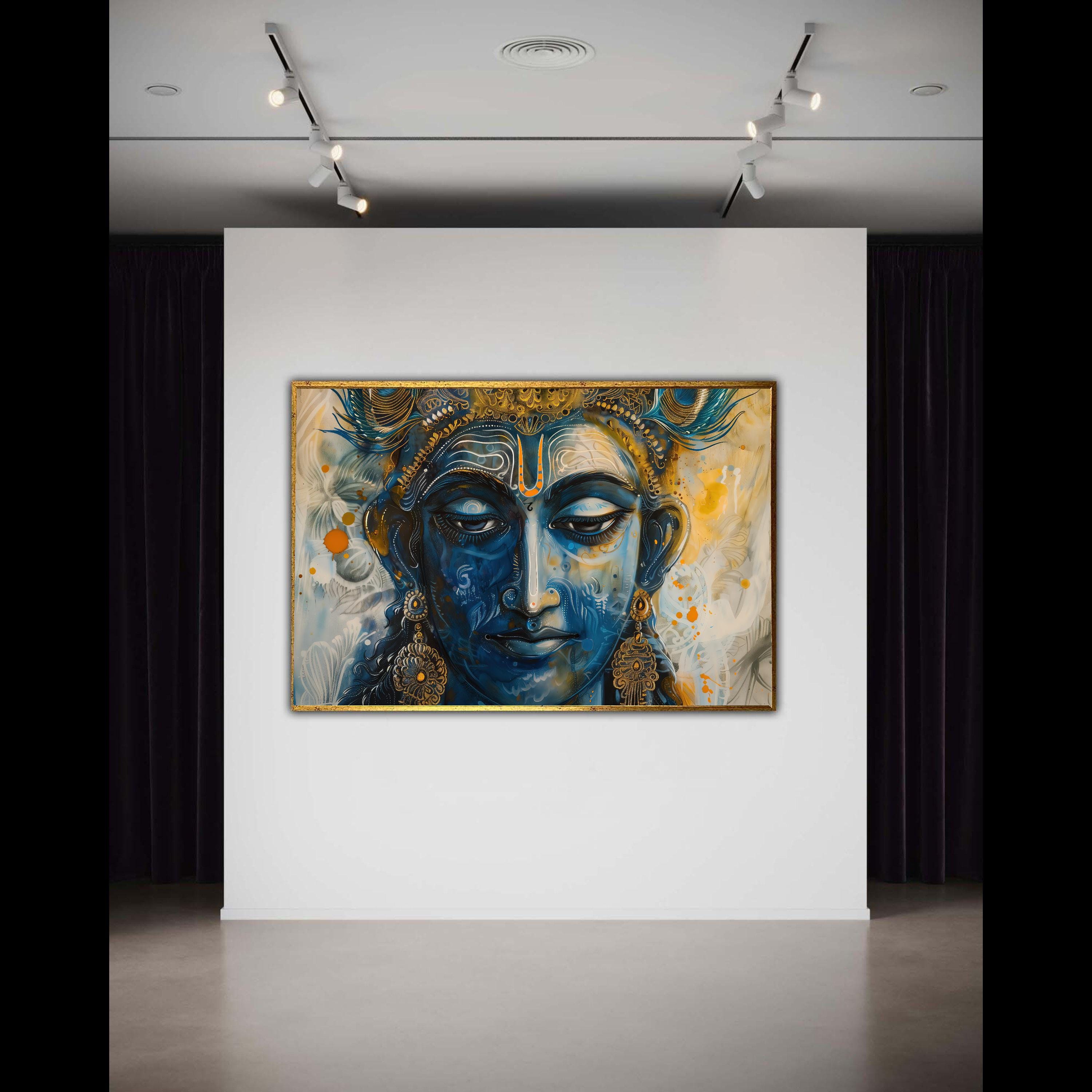 Vibrant Vishnu Canvas, Modern Hindu God Art Print, Blue Gold Painterly ...