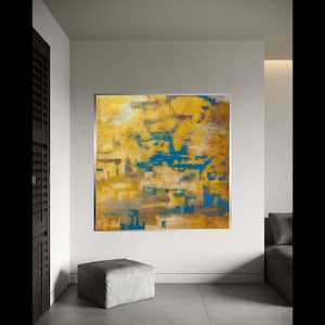 Warm Abstract Canvas Wall Art, Yellow and Blue Painting, Modern Home Decoration, Abstract Artwork, Large Canvas Wall Gift Art, Home Decor
