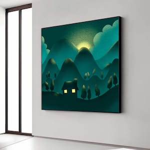 Moonlit Mountain Cabin Canvas, Night Landscape Art Print, Peaceful Nature Wall Decor, Tranquil Home Art, Dark Green Mountain Scene