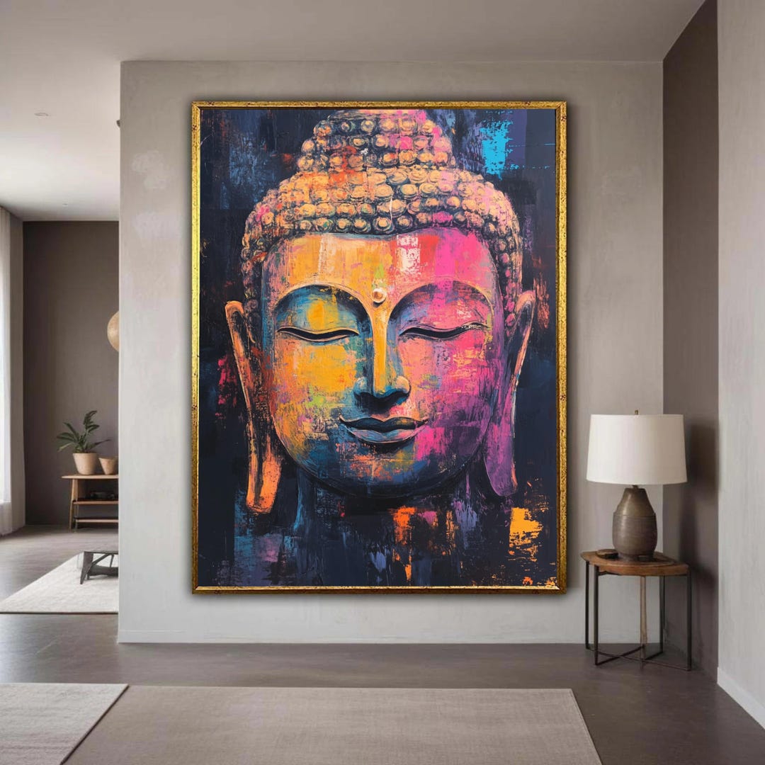 Vibrant Buddha Face Canvas, Multicolor Meditation Wall Art, Spiritual ...