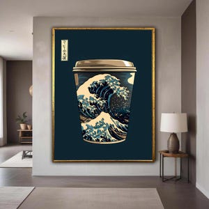 The Great Wave Coffee Cup Canvas, Japanese Art Inspired Wall Art, Modern Kitchen Decor, Wave Design Canvas, Unique Gift Art, Home Decor