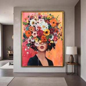 Lebendige Blumen Kopfschmuck Portrait Leinwand, Bunte Blumenkrone Wandkunst, Moderne Frau Illustration, Boho Chic Leinwand Geschenk Kunst, Wohnkultur